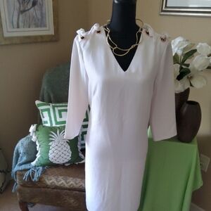 Tahari White Sheath Dress V-Neck 3/4 Sleeve